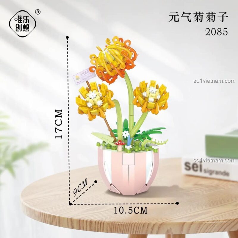 bộ xếp hình Chậu Cúc Vàng Cam Wele Creative 2085, mô hình hoa cúc lắp ráp, thể hiện kích thước 17cm, cho bé gái 6 tuổi, giá tiết kiệm