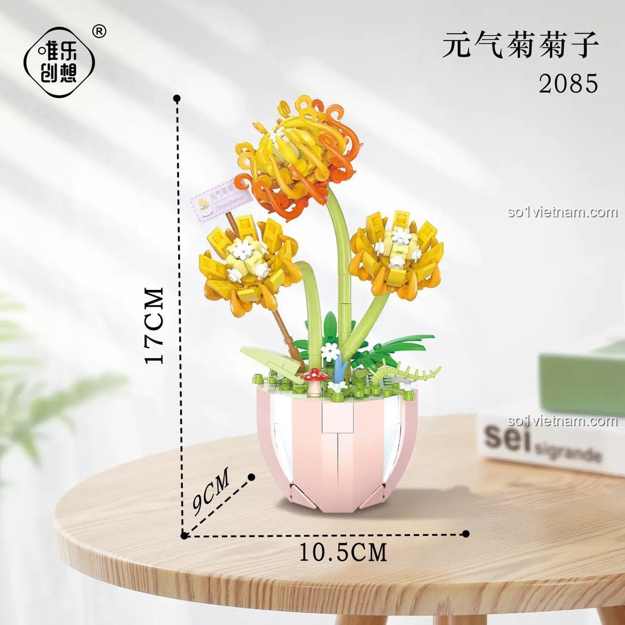 bộ xếp hình Chậu Cúc Vàng Cam Wele Creative 2085, mô hình hoa cúc lắp ráp, thể hiện kích thước 17cm, cho bé gái 6 tuổi, giá tiết kiệm