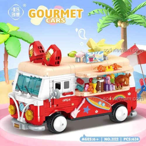Hộp sản phẩm bộ lắp ghép Wele Creative 2122, hiển thị tên sản phẩm Gourmet Cars và logo Wele Creative, thích hợp làm quà tặng cho trẻ em 6+ tuổi.