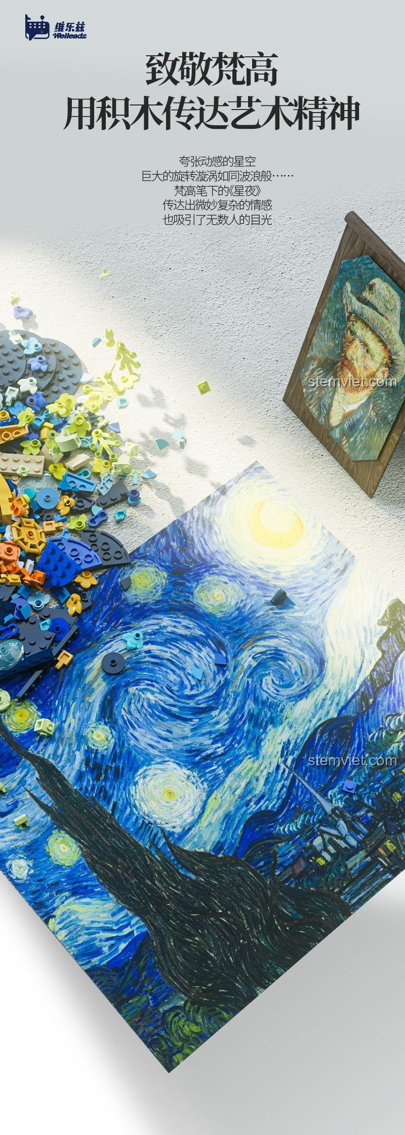 Hình ảnh quảng cáo thể hiện sự tôn vinh Van Gogh qua bộ xếp hình Welleadz 3101.