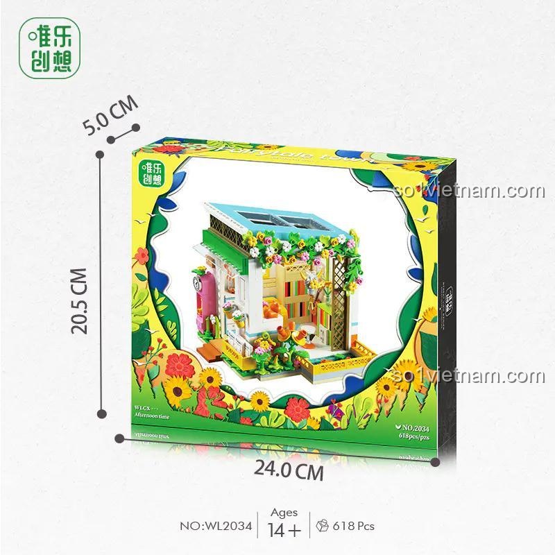 Ảnh hộp đồ chơi lắp ráp Welo Creative WL2034 Ngôi nhà hoa Thị trấn cổ tích với kích thước hộp, phù hợp con gái 14 tuổi, giá tiết kiệm