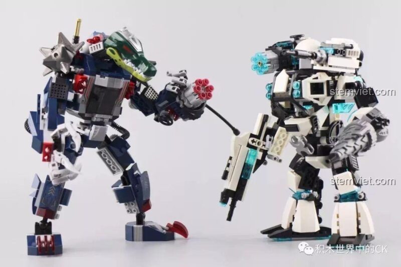 Robot Mecha Cá Sấu giương súng máy, sẵn sàng khai hỏa.