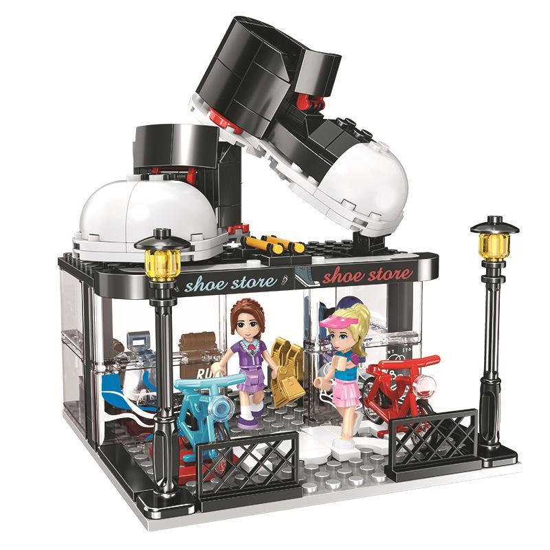 Toàn cảnh bộ lắp ráp Cửa hàng giày dép Winner 5071 với hai minifigure và biển hiệu giày khổng lồ, đồ chơi cho bé gái 6 tuổi giá rẻ.