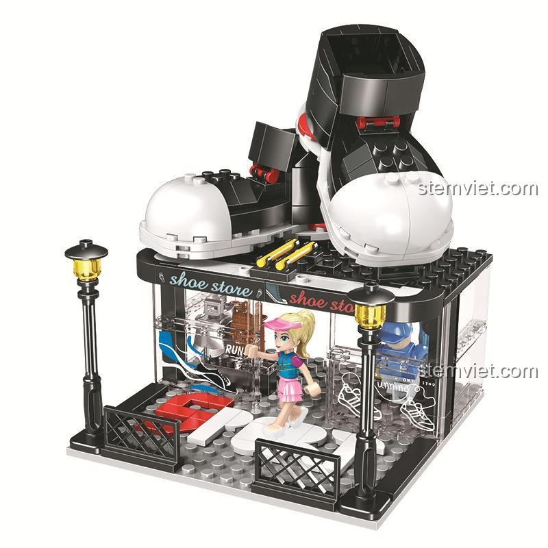 Góc nhìn khác của bộ đồ chơi Cửa hàng giày thể thao Winner 5071, làm nổi bật các chi tiết bên trong và biển hiệu độc đáo.