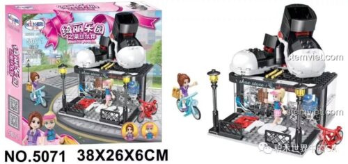 Hộp sản phẩm đồ chơi xếp hình Winner 5071 và mô hình Tiệm bán giày JEMLOU hoàn thiện, thể hiện kích thước hộp 38x26x6cm.