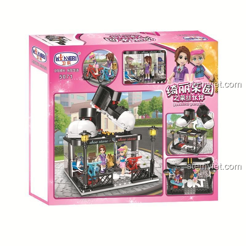 Mặt sau hộp đồ chơi mô hình Tiệm bán giày Winner 5071, hiển thị các góc chơi và chi tiết sản phẩm.