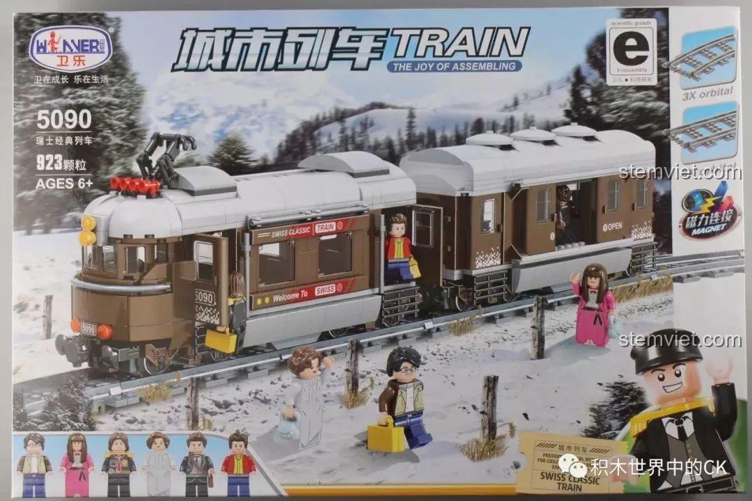 Hộp sản phẩm bộ lắp ghép Winner 5090 Tàu Hỏa Thành Phố Cổ Điển Thụy Sĩ 8 stud, với hình ảnh tàu và minifigures.