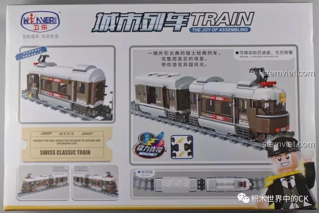 Mặt sau hộp bộ lắp ghép Winner 5090 Tàu Hỏa Thành Phố Cổ Điển Thụy Sĩ, hiển thị các tính năng và chi tiết.