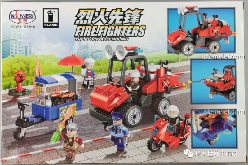 Cảnh hành động trên hộp bộ đồ chơi xe cứu hỏa Winner 5112, thể hiện xe cứu hỏa đa năng và các minifigures đang làm nhiệm vụ.