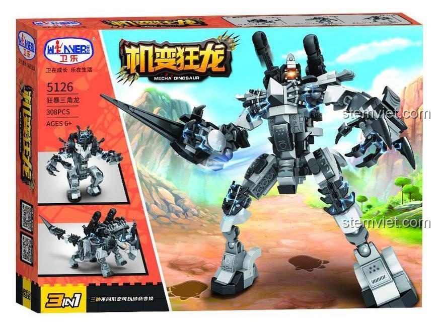 Hộp đồ chơi lắp ráp Khủng Long Cơ Khí: Tam Giác Long Cuồng Bạo Winner 5126 với 308 mảnh ghép, thể hiện khả năng biến hình 3 trong 1, phù hợp cho bé trai 6 tuổi yêu thích robot và khủng long.