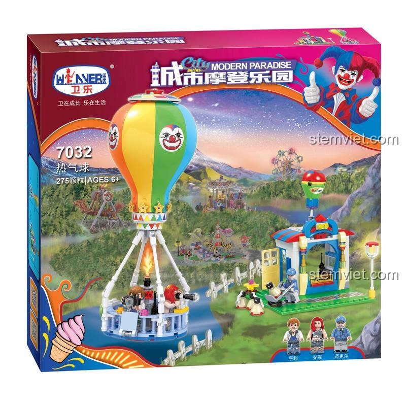 Hộp đồ chơi xếp hình Winner 7032 chủ đề công viên giải trí với khinh khí cầu và 3 nhân vật, quà tặng ý nghĩa cho bé.