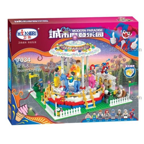 Hộp đồ chơi xếp hình Vòng quay ngựa gỗ JEMLOU 7034, gồm 705 chi tiết và gạch phát sáng, quà tặng cho bé gái.