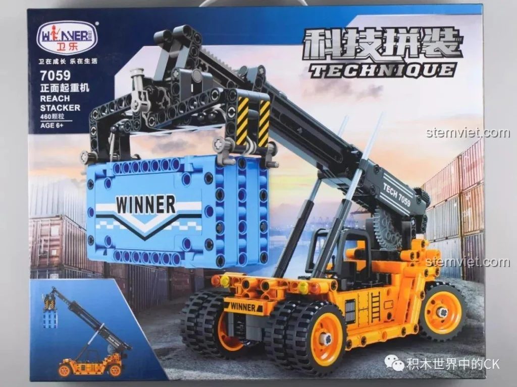 Hộp đồ chơi lắp ráp Winner 7059 Xe Nâng Gắp Container màu cam đen, hiển thị mô hình xe nâng và container xanh dương.
