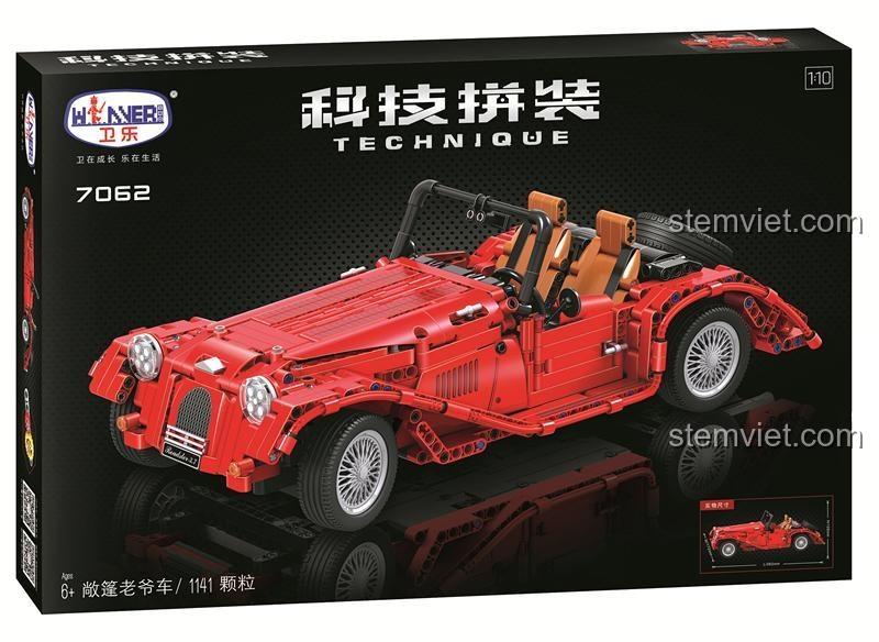 Hộp sản phẩm bộ đồ chơi Winner 7062 Xe Mui Trần Cổ Điển Màu Đỏ, hiển thị 1141 mảnh ghép và tỉ lệ 1:10, phù hợp bé trai 6 tuổi, chất lượng đảm bảo.