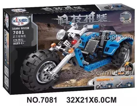 Hộp sản phẩm bộ lắp ráp Mô tô ba bánh Winner 7081, 178 chi tiết, có động cơ kéo lùi, món quà hấp dẫn cho bé trai.