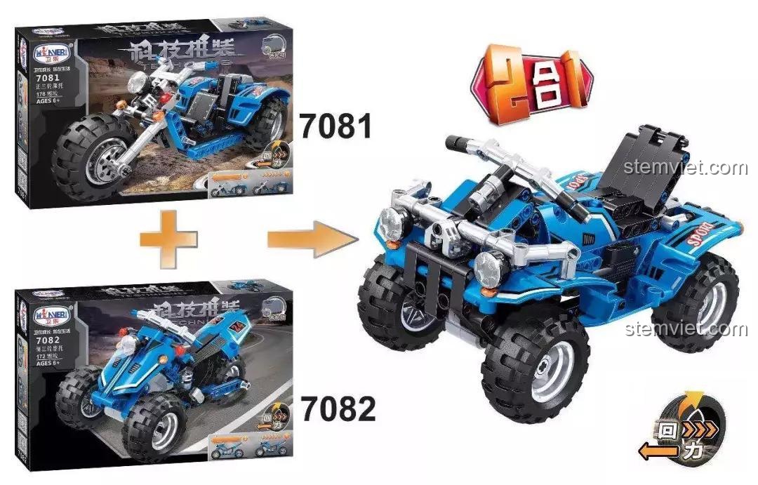 Góc nhìn từ trên xuống của bộ lắp ráp Mô tô Technic 3 bánh, thể hiện cấu trúc khung xe chắc chắn.