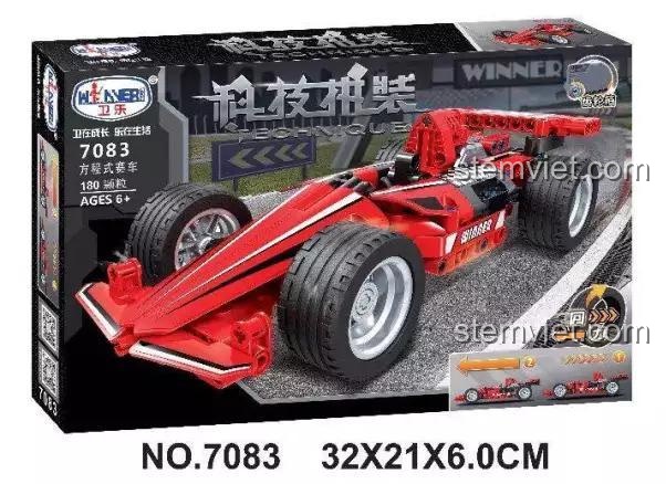 Hộp sản phẩm bộ lắp ráp Winner 7083 Xe đua F1, hiển thị rõ số chi tiết 180 mảnh và độ tuổi khuyến nghị 6+.