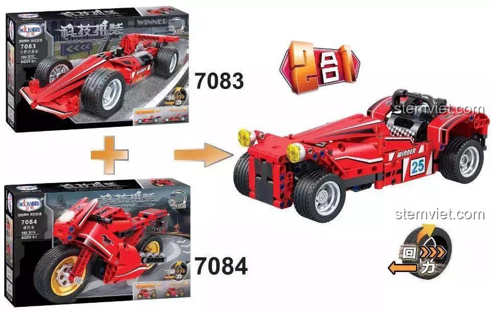 Hướng dẫn kết hợp bộ đồ chơi mô hình Xe đua F1 7083 và bộ xe mô tô 7084 để tạo thành một chiếc xe cổ điển độc đáo.