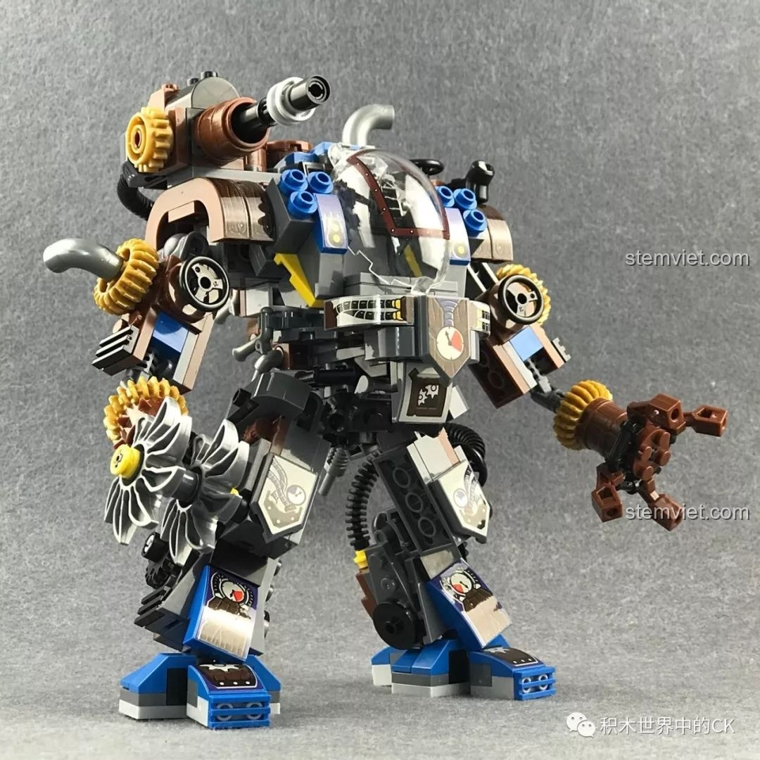 Cận cảnh buồng lái của robot mech Winner 8045 Vệ Sĩ Hộ Quốc Hơi Nước với phần kính trong suốt.