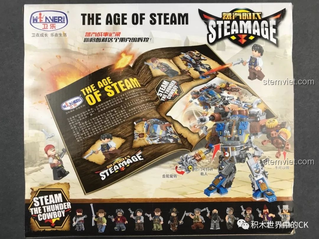 Mặt sau hộp bộ lắp ghép Winner 8045 Vệ Sĩ Hộ Quốc Hơi Nước, giới thiệu các mẫu robot mech khác trong series SteamAge.