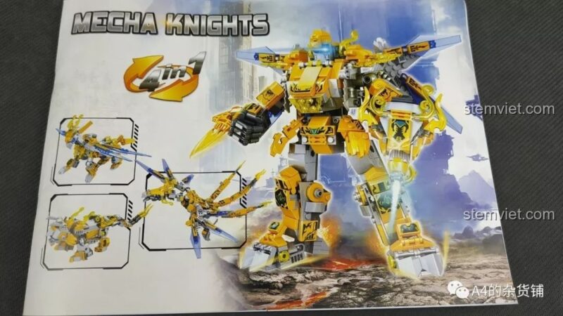 Bìa sách hướng dẫn của bộ lắp ráp Thần Thú Cơ Giáp 8037, thể hiện khả năng biến hình 4 trong 1, cho bé trai.