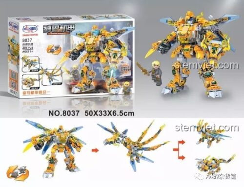 Đồ chơi lắp ráp Cơ giáp chiến thần JEMLOU 8037, hộp sản phẩm và mô hình robot biến hình 4 kiểu, kích thước hộp 50x33x6.5cm, cho bé trai 6 tuổi.