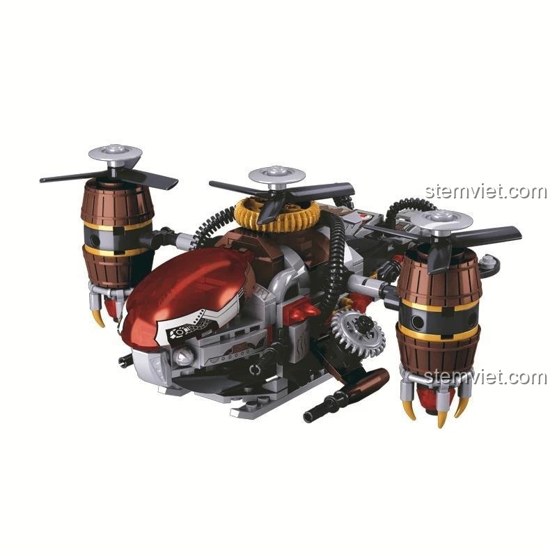Mô hình Phi cơ steampunk JEMLOU từ góc trên, chi tiết tinh xảo, đồ chơi xây dựng cho bé trai.