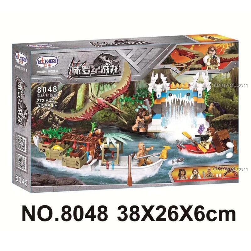 Hộp sản phẩm bộ xếp hình Thuyền Tiếp Tế Bộ Lạc Khủng Long Winner, đồ chơi mô hình Thuyền Khủng Long Kỷ Jura, 272 mảnh ghép, cho bé trai 6 tuổi.