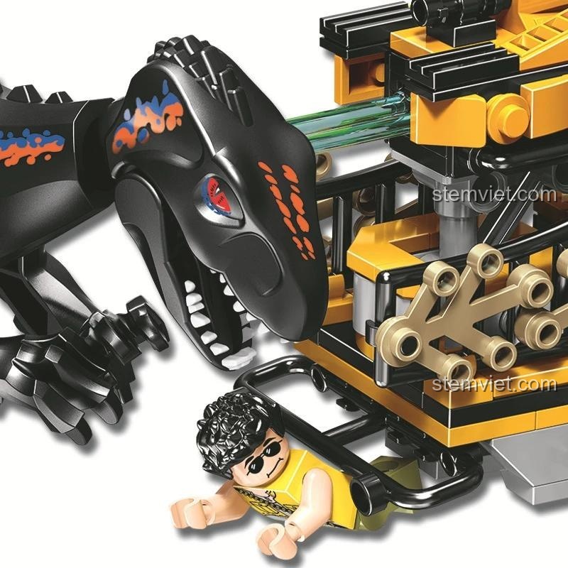 Chi tiết mô hình Khủng Long Bạo Chúa JEMLOU 8051 và xe jeep, thể hiện độ tinh xảo của bộ lắp ghép, phù hợp bé 6 tuổi.