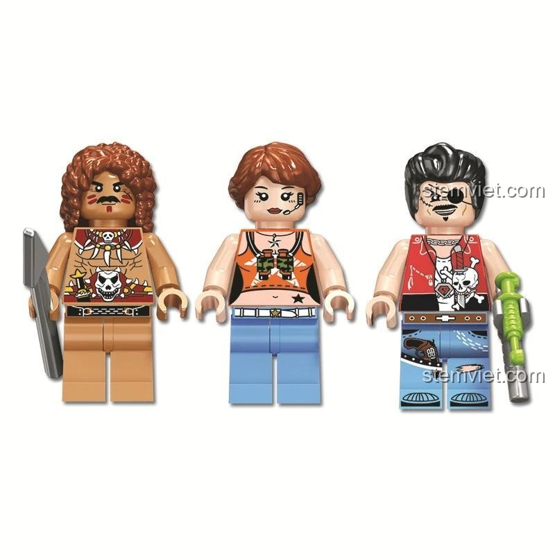 Ba minifigure chi tiết với trang phục độc đáo, bao gồm thổ dân và thợ săn, trong bộ lắp ghép Winner JEMLOU 8052 Xe Tải Bắt Khủng Long. Đồ chơi lắp ráp chất lượng cao.