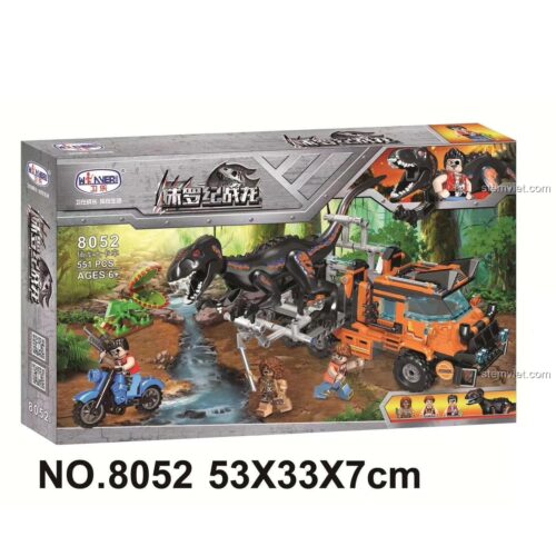 Hộp sản phẩm bộ lắp ghép Winner JEMLOU 8052 Xe Tải Bắt Khủng Long, thể hiện hình ảnh xe tải, khủng long và minifigure. Đồ chơi chất lượng cao cho bé trai 6 tuổi.