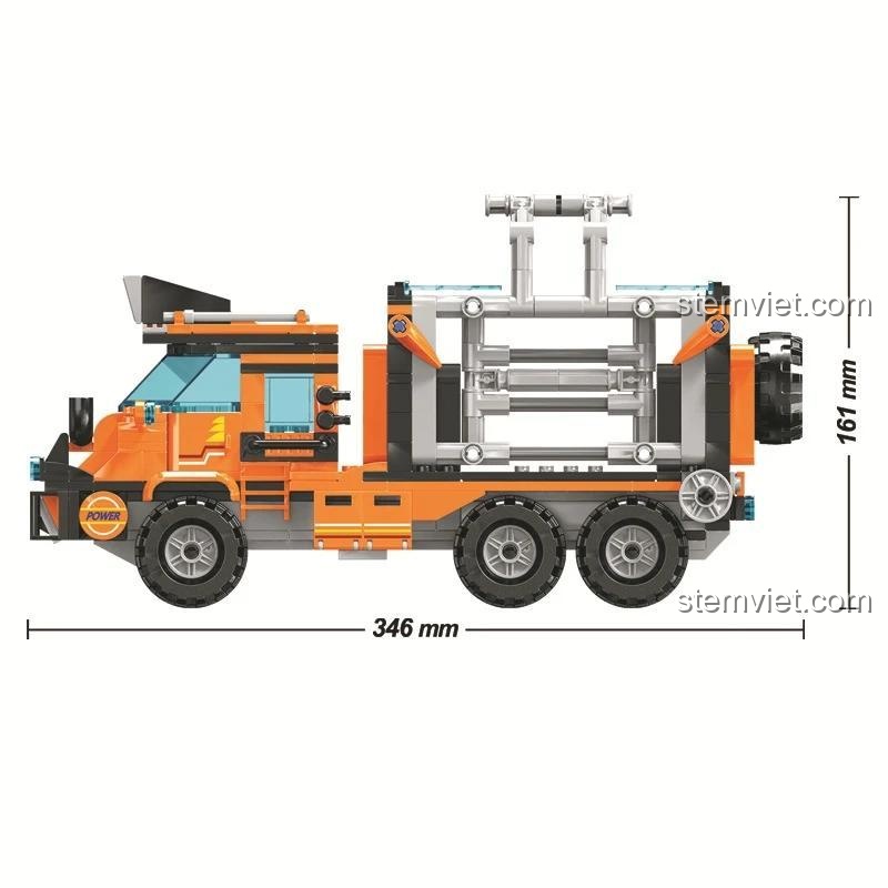 Ảnh thể hiện kích thước chi tiết của mô hình xe tải trong bộ đồ chơi Winner JEMLOU 8052 Xe Tải Bắt Khủng Long, với chiều dài 34.6cm và chiều cao 16.1cm. Đồ chơi mô hình cho bé trai 6 tuổi.