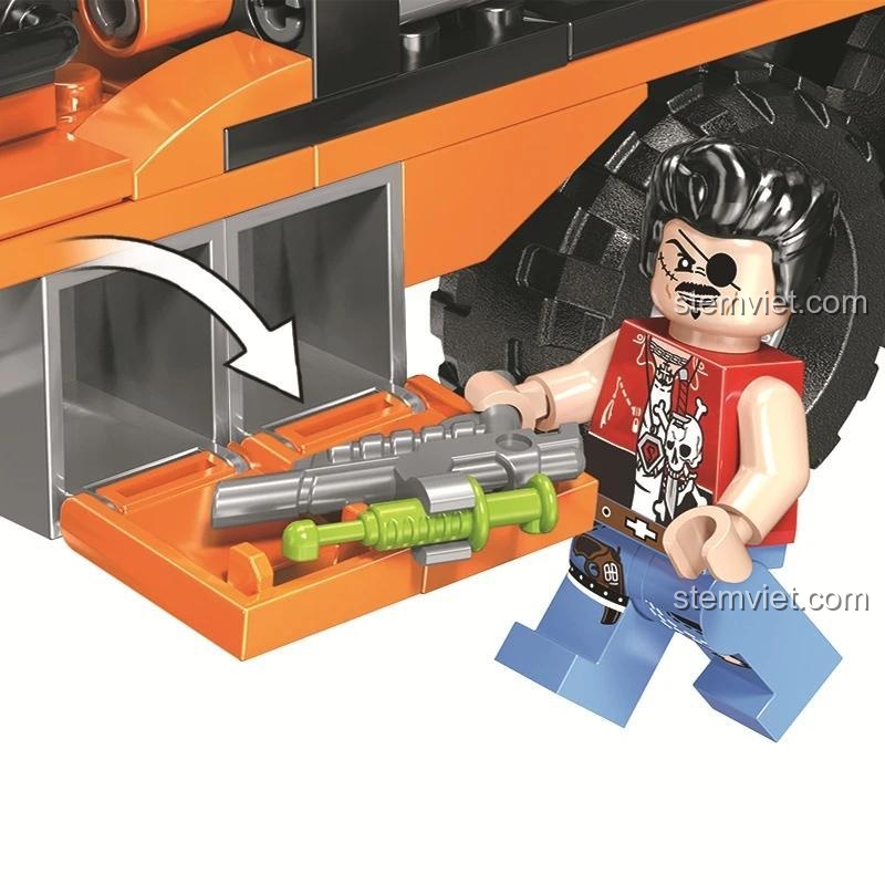 Minifigure với vũ khí trong bộ lắp ráp Winner JEMLOU 8052 Xe Tải Bắt Khủng Long, sẵn sàng cho cuộc săn rồng kịch tính. Đồ chơi mô hình cho bé trai 6 tuổi.