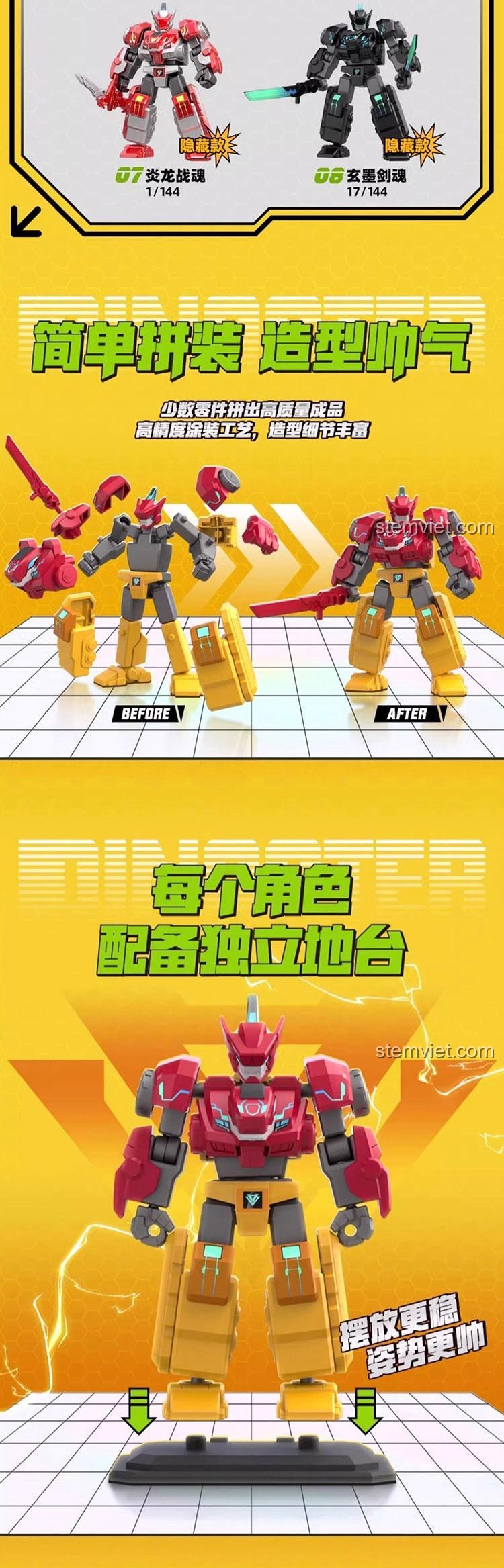 Bộ lắp ghép WISE BLOCK 580881, hướng dẫn lắp ráp đơn giản, mỗi robot kèm đế trưng bày, giúp bé trai 8 tuổi dễ dàng trưng bày mô hình.