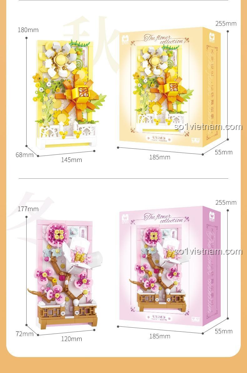Kích thước mô hình Tranh Hoa 3D WISE BLOCK HA383021, chi tiết các mẫu xuân, hạ, thu, đông, đồ chơi lắp ghép cho bé gái 6 tuổi.