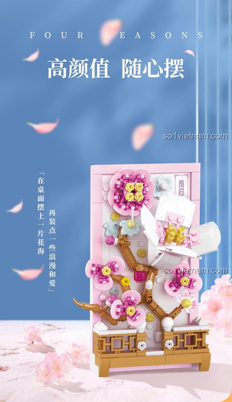 Bộ xếp hình Mô Hình Hoa 3D WISE BLOCK HA383021, tranh hoa hồng mùa đông màu hồng tím, trang trí đẹp mắt cho bé gái 6 tuổi.