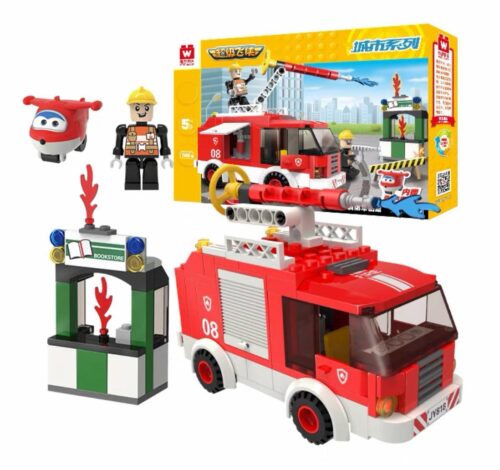 Bộ lắp ghép Xe Cứu Hỏa Chữa Cháy WISE BLOCK HA385504 cho bé trai 5 tuổi, giá tốt, với lính cứu hỏa và vòi phun nước giả.