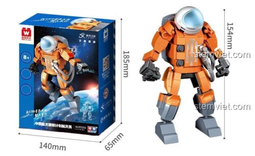 Kích thước hộp và mô hình đồ chơi lắp ráp Phi hành gia Kế hoạch Bình Minh WISE BLOCK HA390206, giúp mẹ có con trai 8 tuổi dễ dàng hình dung.