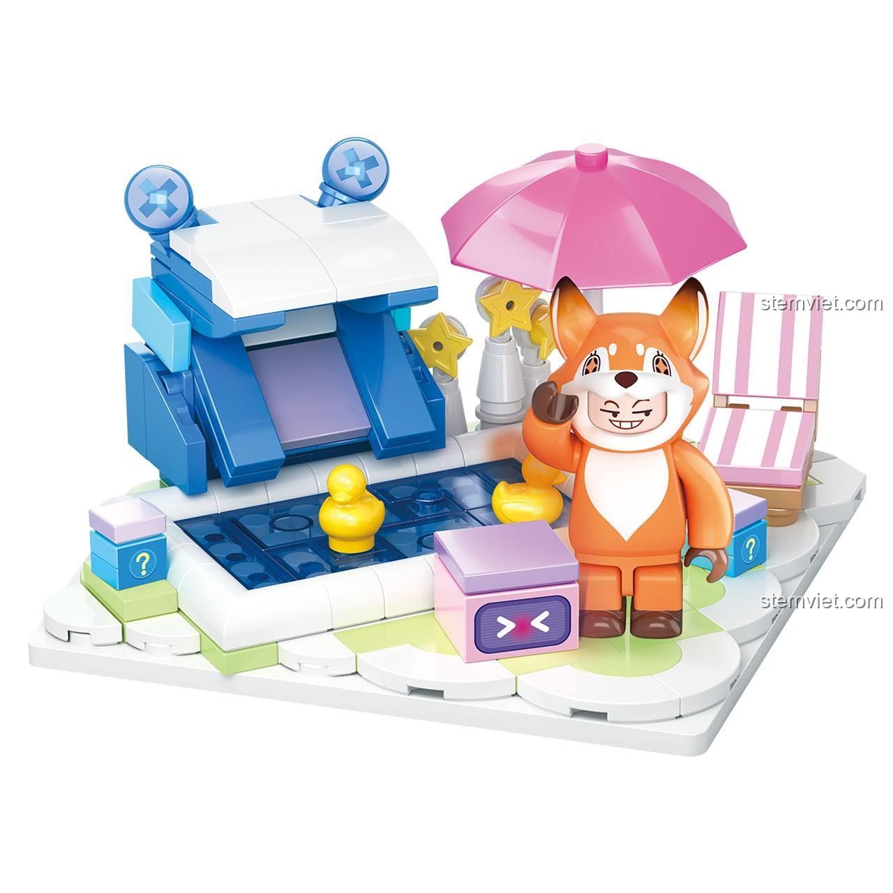 Mô hình bể bơi và nhân vật Cáo Cam từ set Wise Block HA392204-2.