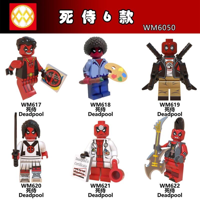 Bộ 6 minifigure siêu anh hùng Deadpool lầy lội WM WM6050 giá rẻ cho bé trai 6 tuổi. Gồm các phiên bản Rapper, Họa sĩ, Biker, X-Force, Bác sĩ, Rocker.