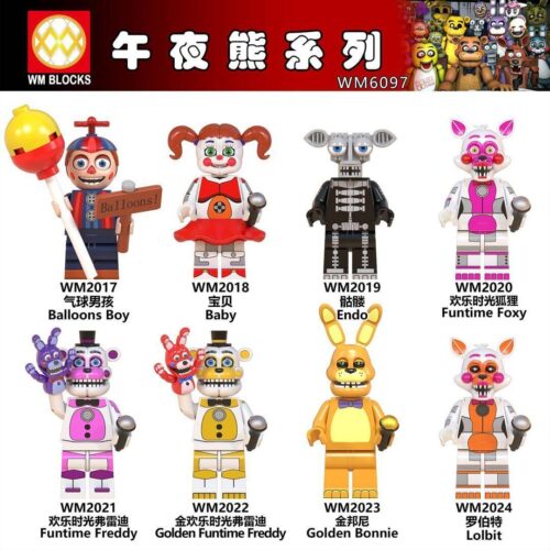 Trọn bộ 8 minifigure WM6097 Five Nights at Freddy's, bao gồm Golden Funtime Freddy WM2022, đồ chơi lắp ráp giá rẻ cho bé trai 6 tuổi.
