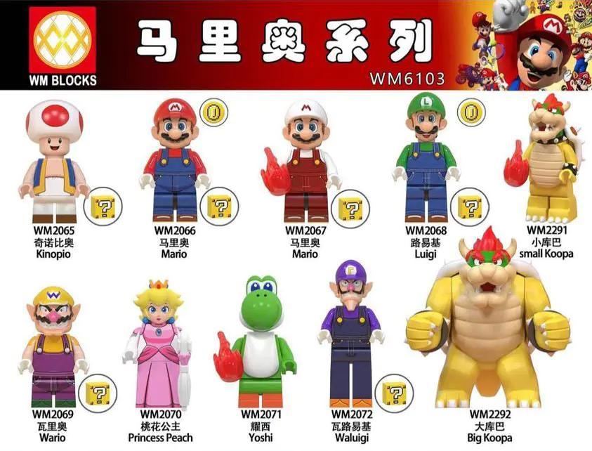 Toàn bộ bộ sưu tập minifigure WM WM6103 Super Mario, trong đó có nhân vật lắp ráp WM Mario Lửa WM2067. Đây là món đồ chơi mô hình giá rẻ, chất lượng cao cho bé trai từ 6 tuổi.