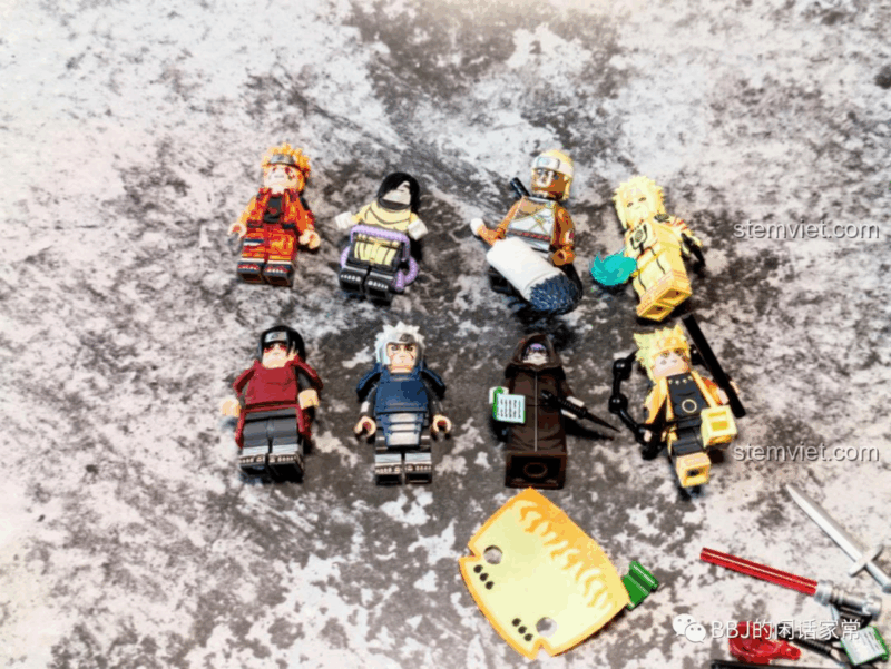 Ảnh chụp toàn bộ 8 minifigure trong bộ sưu tập Naruto Shippuden WM6108.