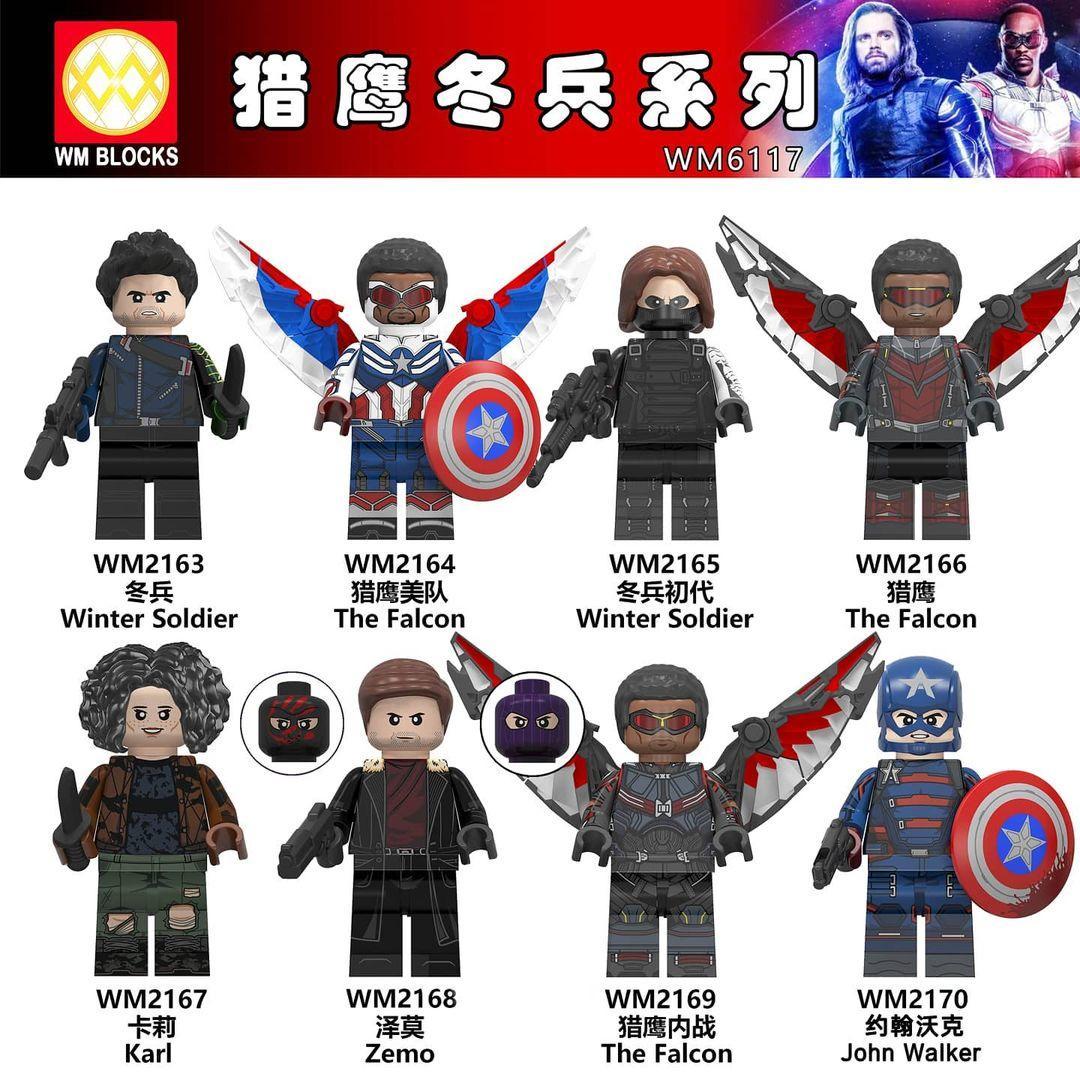 Toàn cảnh bộ sưu tập 8 minifigure WM WM6117 The Falcon and the Winter Soldier, bao gồm các nhân vật Falcon, Winter Soldier, John Walker, Baron Zemo. Đồ chơi mô hình cho bé trai 6 tuổi.