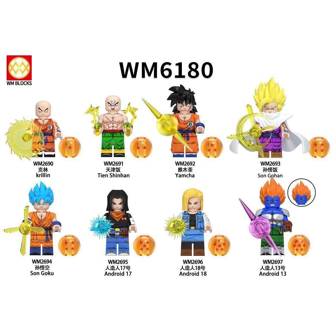 Toàn bộ 8 minifigure trong bộ đồ chơi lắp ráp WM6180 Dragon Ball Z, bao gồm Goku, Gohan, Krillin, Yamcha, Thiên Tân Phạn và các Android. Món quà giá rẻ cho bé trai 6 tuổi.