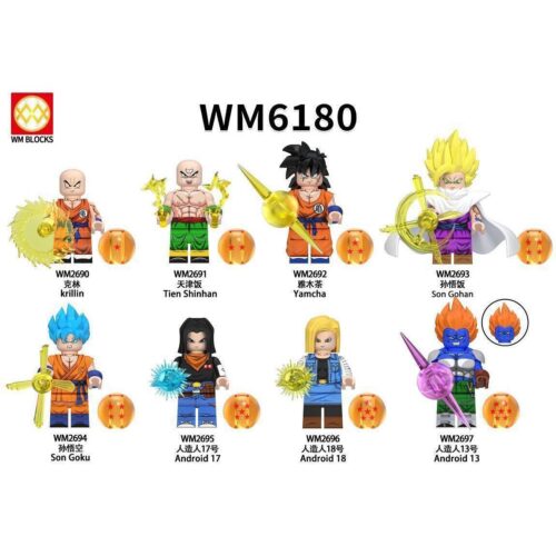 Trọn bộ 8 minifigure Dragon Ball WM6180, bao gồm Son Goku WM2694, Krillin, Yamcha, Gohan. Lựa chọn giá rẻ cho bé trai 6 tuổi.