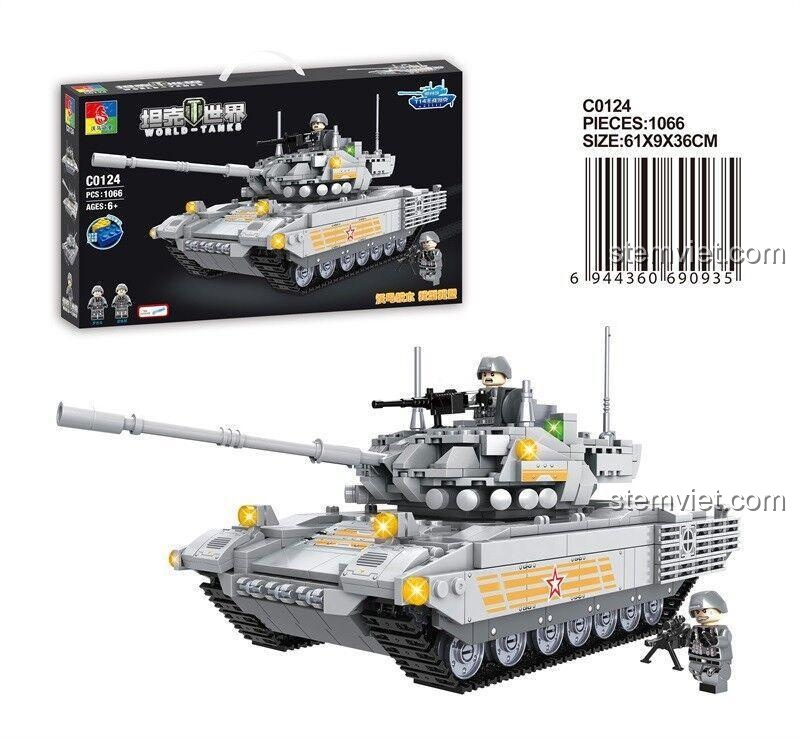 Hộp đồ chơi lắp ráp WOMA C0124 Xe Tăng T-14 Armata hiển thị kích thước 61x9x36cm, bộ lắp ghép xe tăng chủ lực Armata 1066 mảnh cho bé trai.