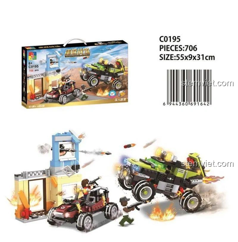 Hộp và mô hình bộ lắp ráp WOMA C0195 Trở Lại Chiến Trường, xe địa hình quân đội và căn cứ bị phá hủy.