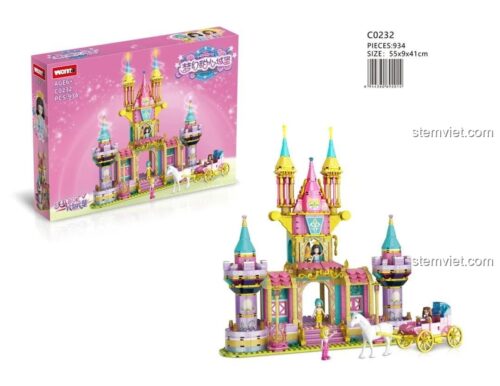 Hộp sản phẩm đồ chơi xếp hình Lâu đài công chúa WOMA C0232, hiển thị 934 chi tiết và kích thước hộp 55x9x41cm. Một món quà giá tốt cho bé.