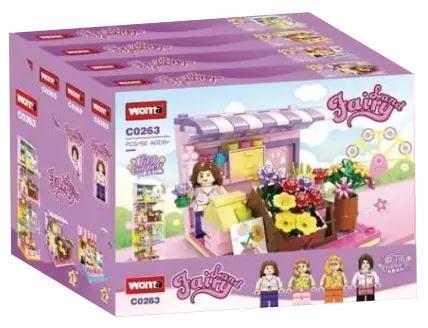 Hộp sản phẩm WOMA C0263 Fairy City Corner Series 4-in-1 Building Blocks với hình ảnh các mô hình cửa hàng hoa, tiệm bánh ngọt, quán cà phê, tiệm đồ uống và các minifigure.